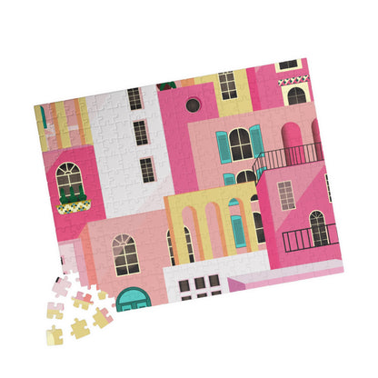 Pink Abstract Mediterranean Houses Puzzle for Adults |Street Colorful Architecture Puzzle Art | Gift for Her