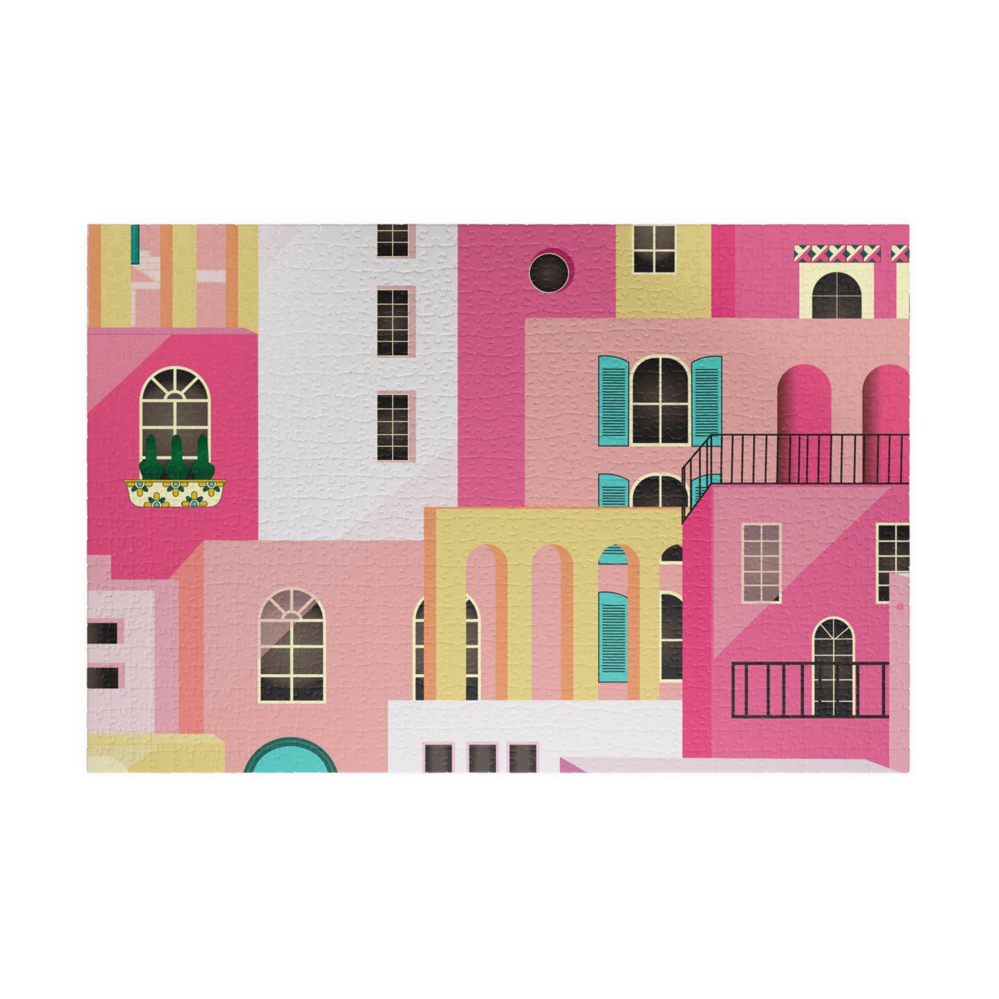 Pink Abstract Mediterranean Houses Puzzle for Adults |Street Colorful Architecture Puzzle Art | Gift for Her