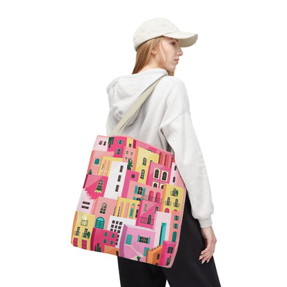 Pink Houses Tote Bag | Print Canvas Bag | Aesthetic Architecture Illustration | Statement Tote