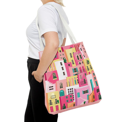 Pink Houses Tote Bag | Print Canvas Bag | Aesthetic Architecture Illustration | Statement Tote