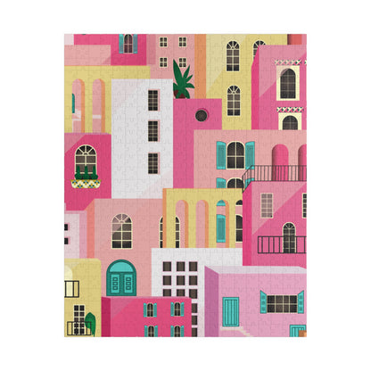 Pink Abstract Mediterranean Houses Puzzle for Adults |Street Colorful Architecture Puzzle Art | Gift for Her