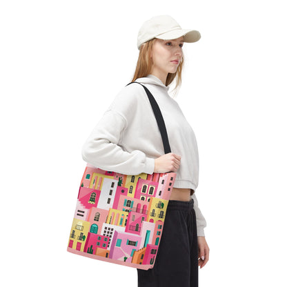 Pink Houses Tote Bag | Print Canvas Bag | Aesthetic Architecture Illustration | Statement Tote