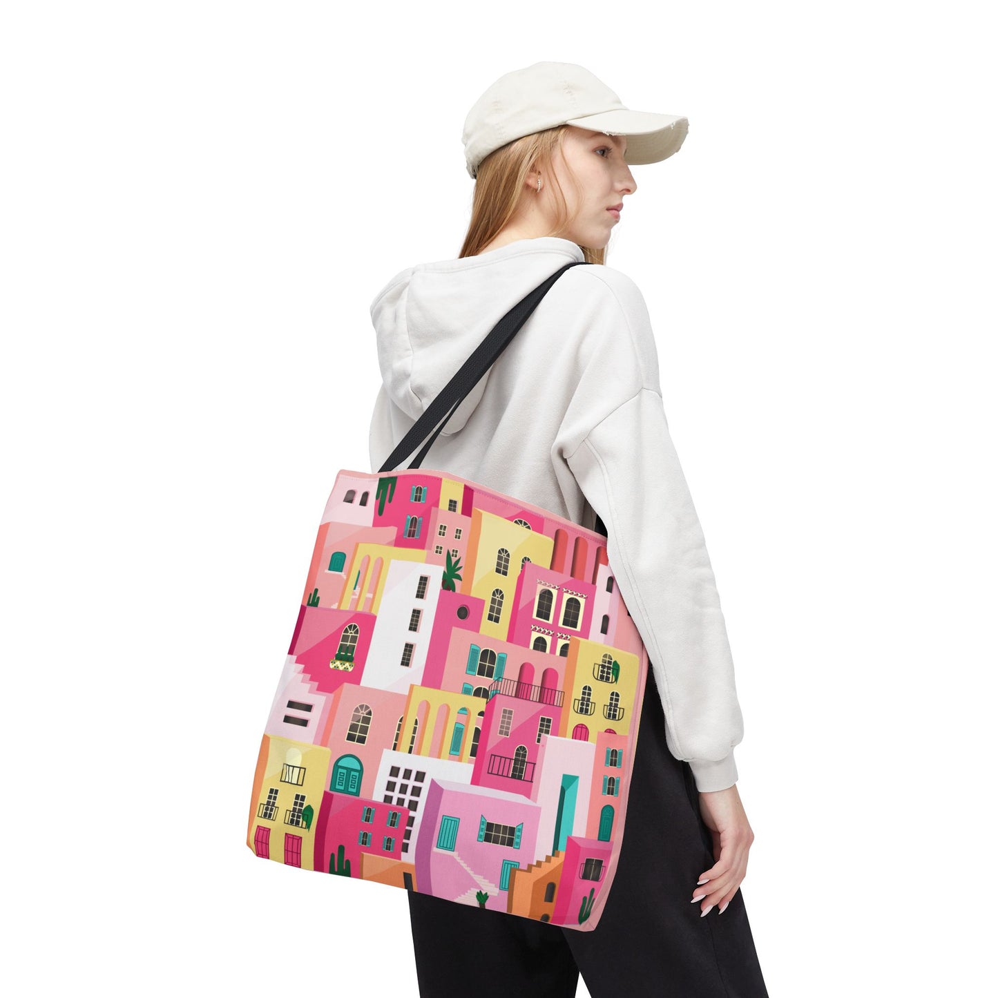 Pink Houses Tote Bag | Print Canvas Bag | Aesthetic Architecture Illustration | Statement Tote