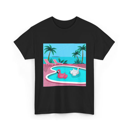 Poolside Vibes T-Shirt - Retro Tropical Flamingo & Swan Pool Graphic