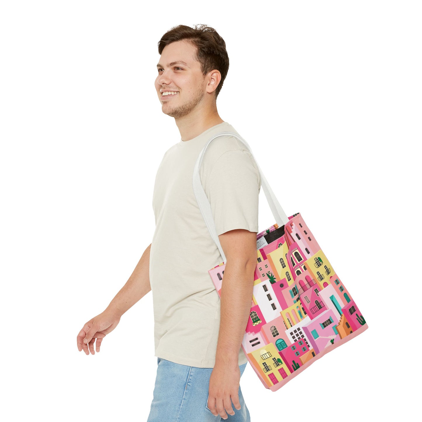 Pink Houses Tote Bag | Print Canvas Bag | Aesthetic Architecture Illustration | Statement Tote