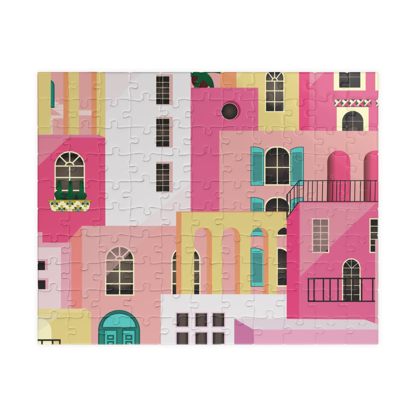 Pink Abstract Mediterranean Houses Puzzle for Adults |Street Colorful Architecture Puzzle Art | Gift for Her
