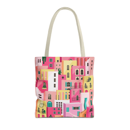 Pink Houses Tote Bag | Print Canvas Bag | Aesthetic Architecture Illustration | Statement Tote