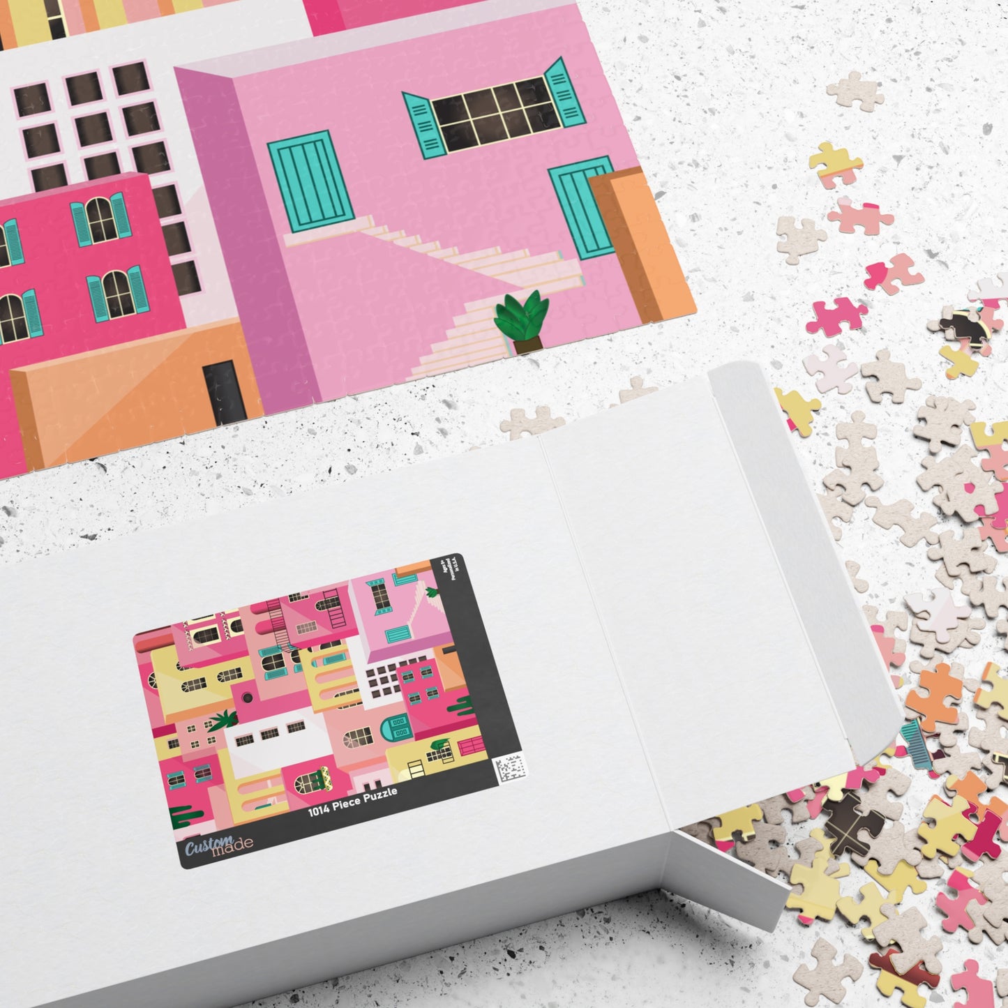 Pink Abstract Mediterranean Houses Puzzle for Adults |Street Colorful Architecture Puzzle Art | Gift for Her