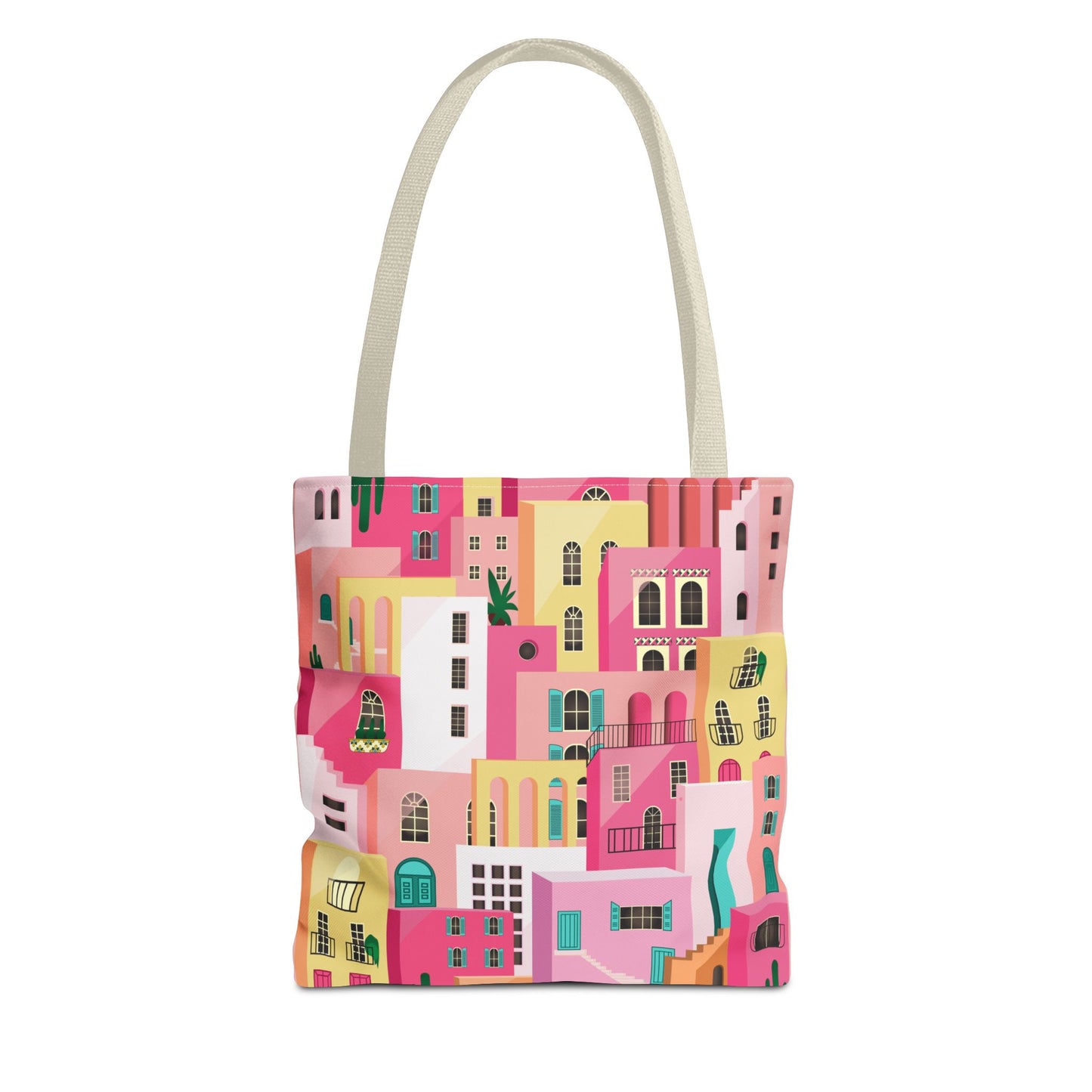 Pink Houses Tote Bag | Print Canvas Bag | Aesthetic Architecture Illustration | Statement Tote