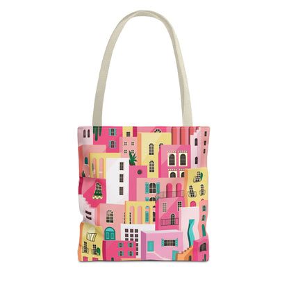 Pink Houses Tote Bag | Print Canvas Bag | Aesthetic Architecture Illustration | Statement Tote