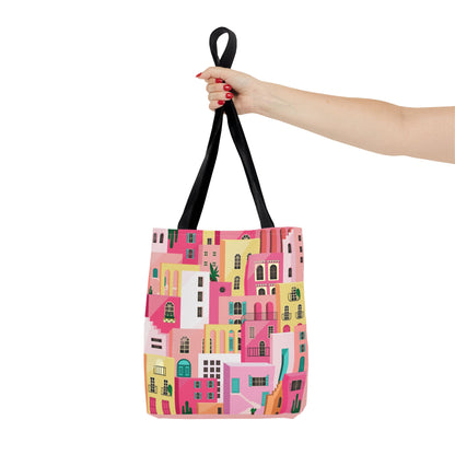 Pink Houses Tote Bag | Print Canvas Bag | Aesthetic Architecture Illustration | Statement Tote