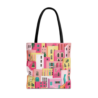 Pink Houses Tote Bag | Print Canvas Bag | Aesthetic Architecture Illustration | Statement Tote