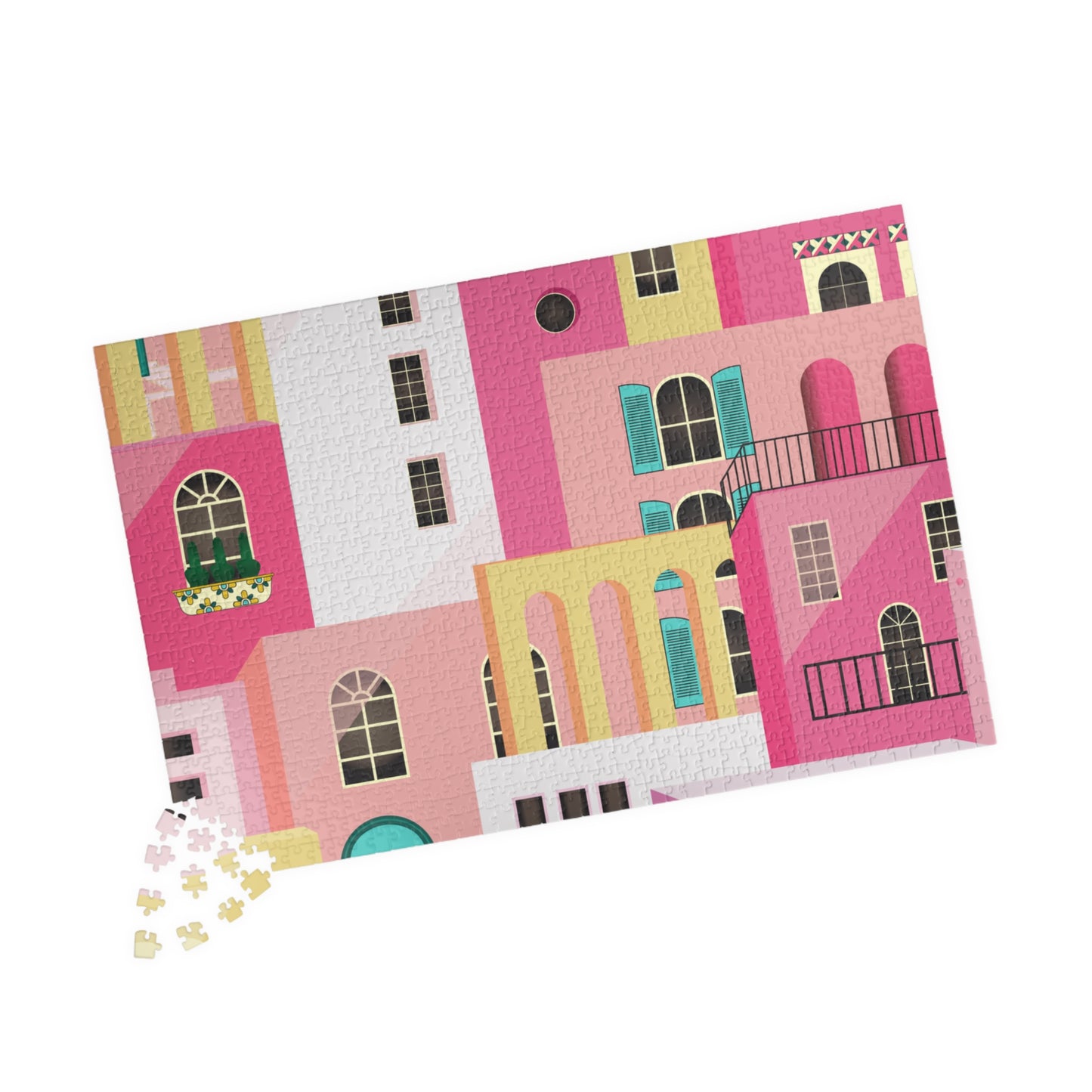 Pink Abstract Mediterranean Houses Puzzle for Adults |Street Colorful Architecture Puzzle Art | Gift for Her