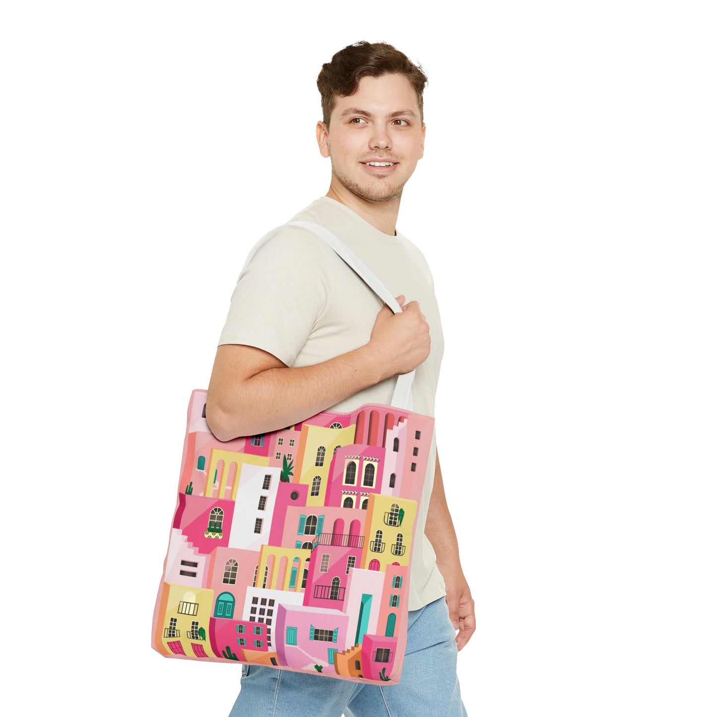 Pink Houses Tote Bag | Print Canvas Bag | Aesthetic Architecture Illustration | Statement Tote